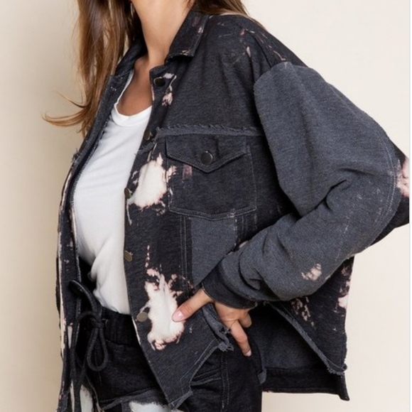 Black Tie Dye French Terry Jacket w/ Distressing - Picture 4 of 5